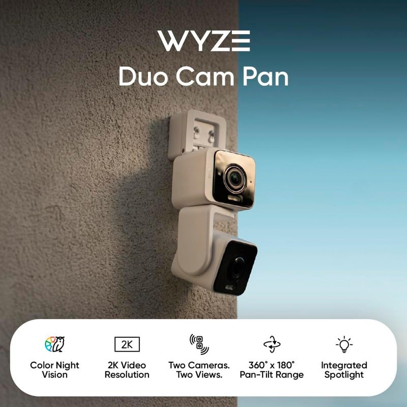WYZE Duo Cam Pan Indoor/Outdoor IP65 2K 360° Pan/Tilt Smart Home Security Camera with Color Night Vision, Compatible with Alexa & Google Assistant, White - Image 1